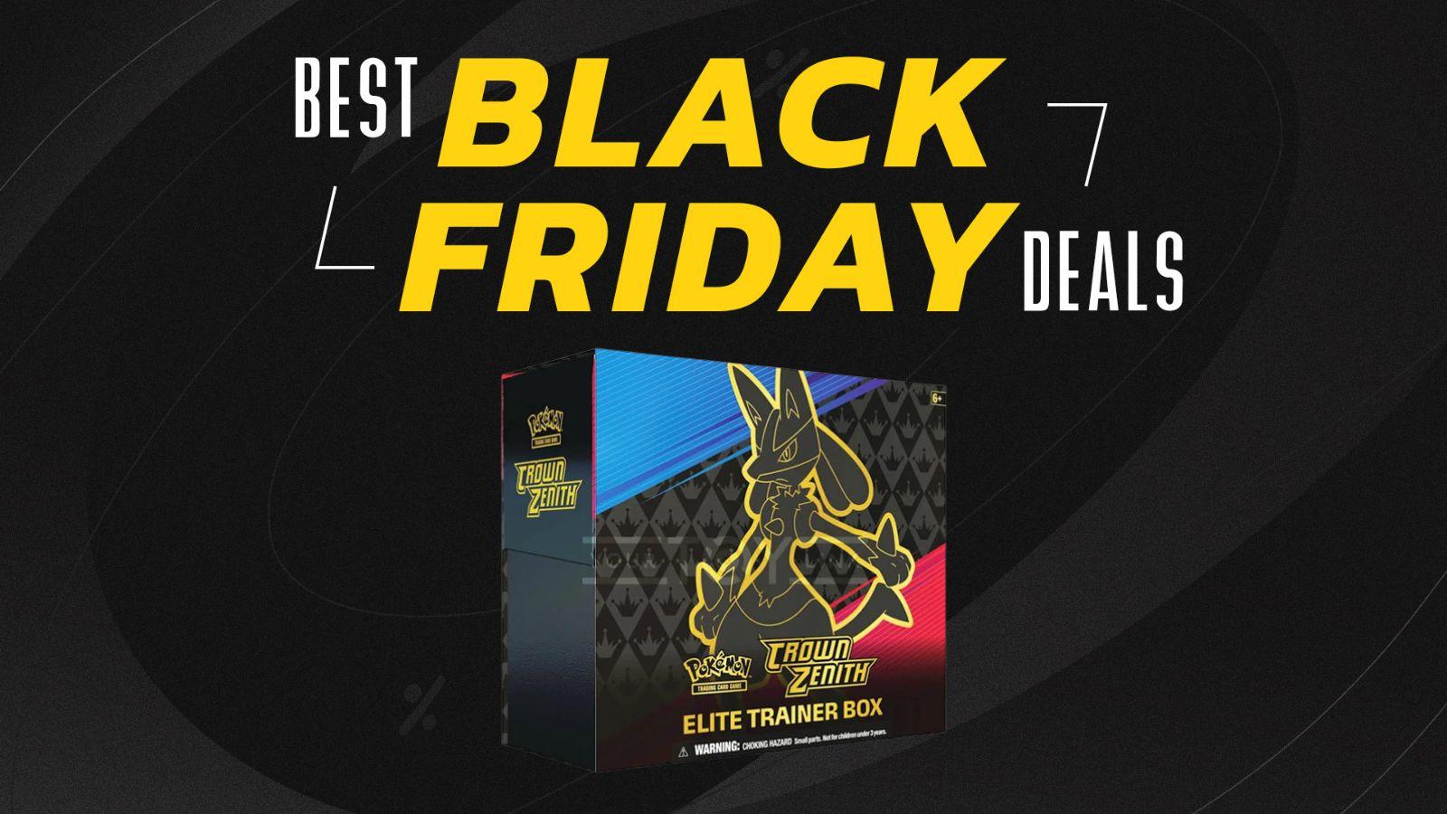 Best Black Friday Deals banner, underneath is a Pokemon ETB Box showing Lucario, a dog like humanoid Pokemon standing up
