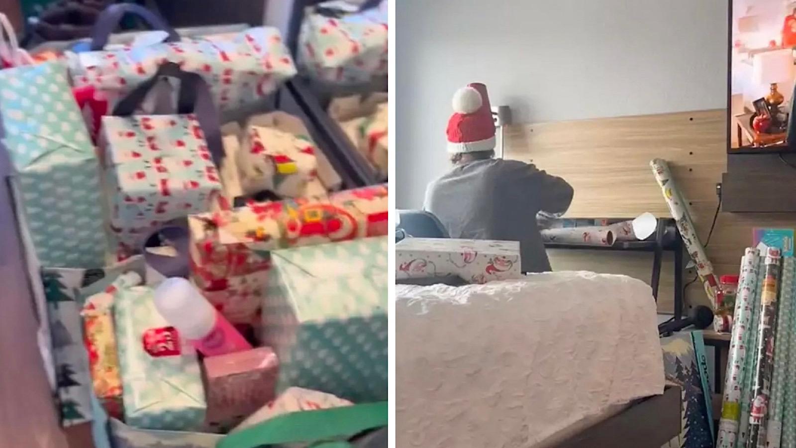 mom wraps gifts in hotel in peace