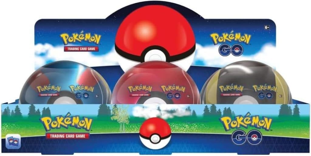 Pokemon Go TCG with a blue, red and white, red and white and gold and black design in a box with THE POKEMON Trading card game logo.