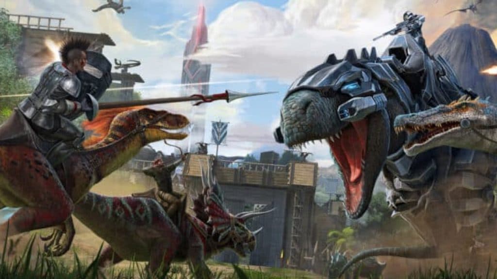 An image of keyart from Ark: Survival Ascended featuring two people fighting in dinosaur-based combat.