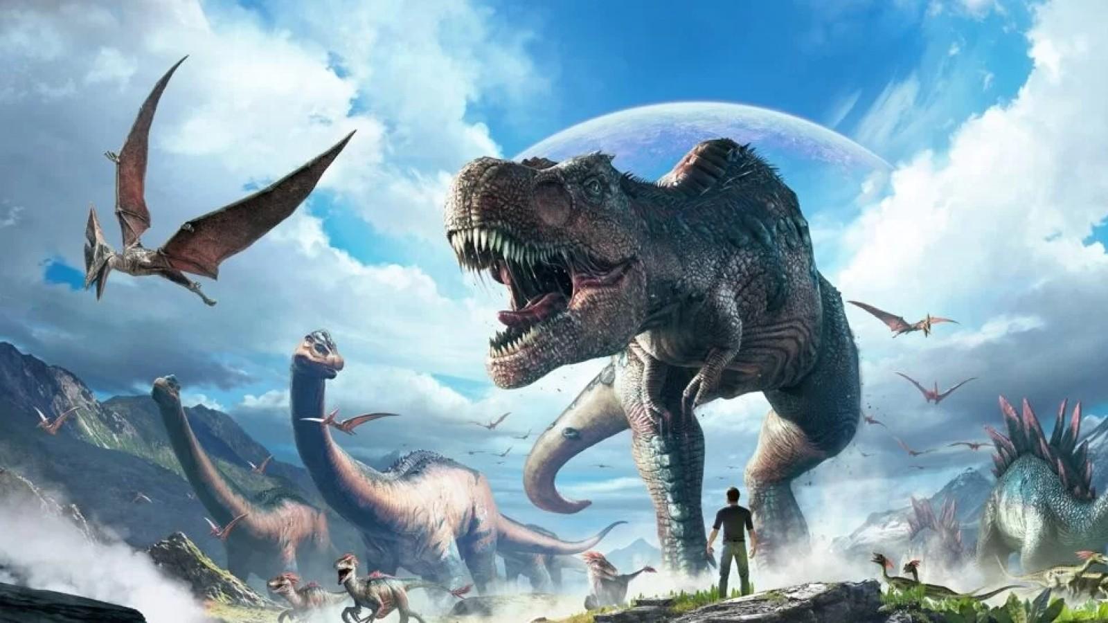 A promotional image from Ark: Survival Ascended featuring a variety of dinosaurs.