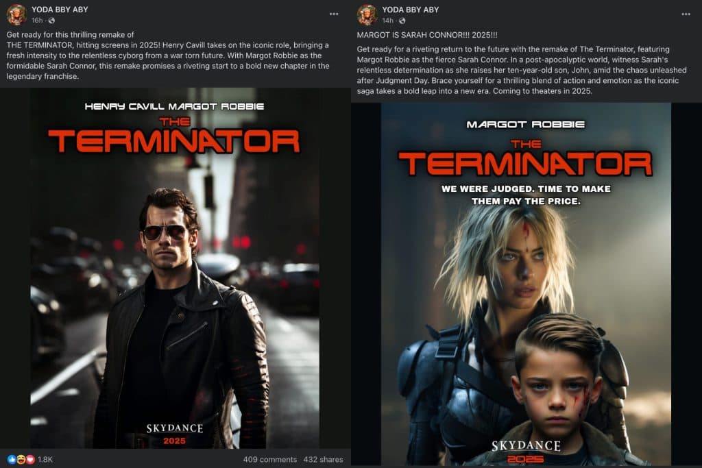 AI versions of Henry Cavill and Margot Robbie on fake posters for a Terminator remake