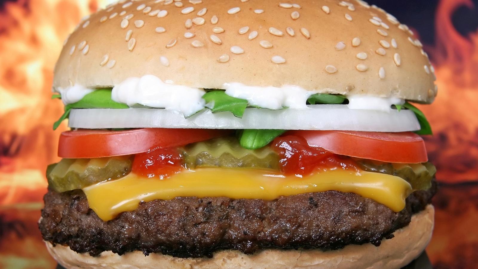 a juicy hamburger stacked with tomato, cheese and pickles in front of a flaming background