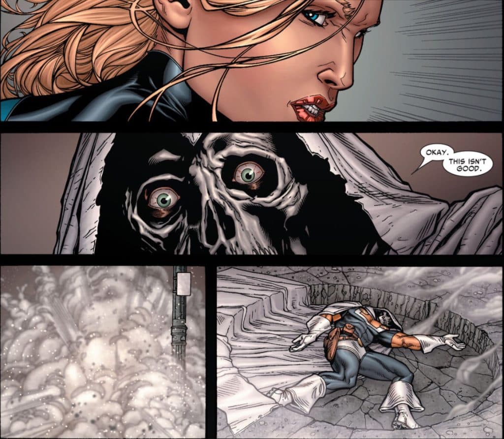 Sue Storm knocks out Taskmaster with a force field
