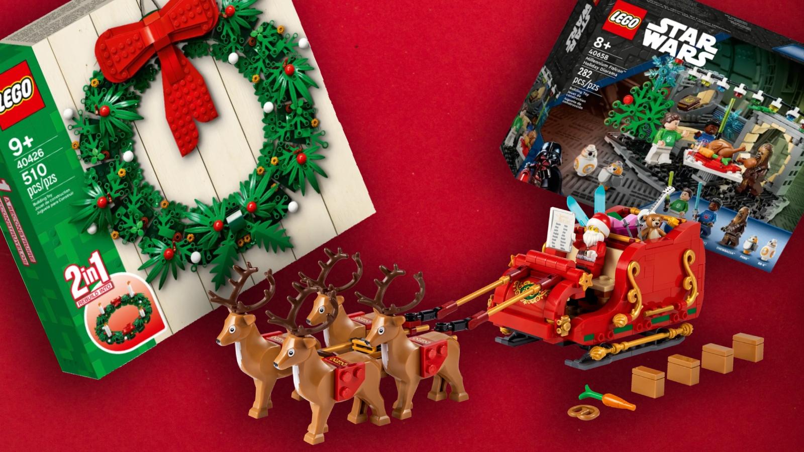 LEGO Holiday sets on a red background