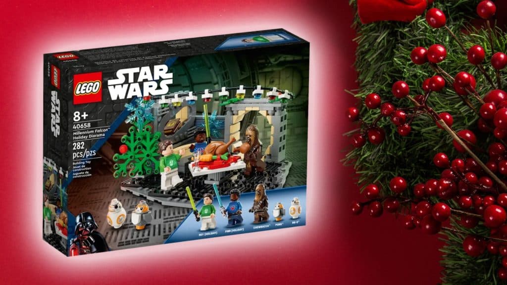 LEGO Star Wars Christmas set on a red background and a wreath