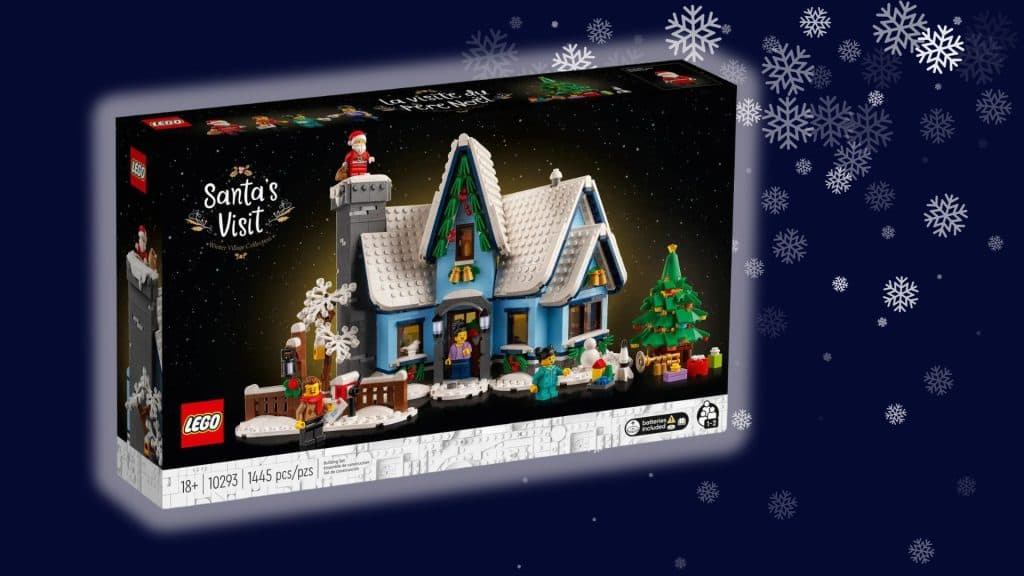LEGO Winter Village Collection's Santa's Visit set on dark blue background with snowflakes.