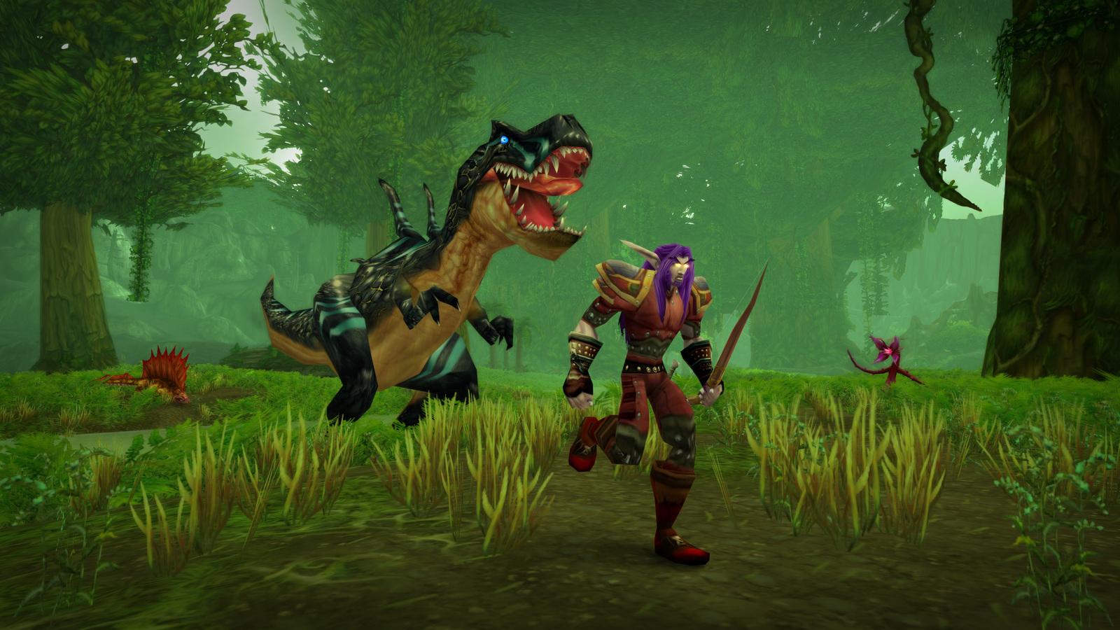 A Hunter runs from a T-Rex in WoW Classic Season of Discovery