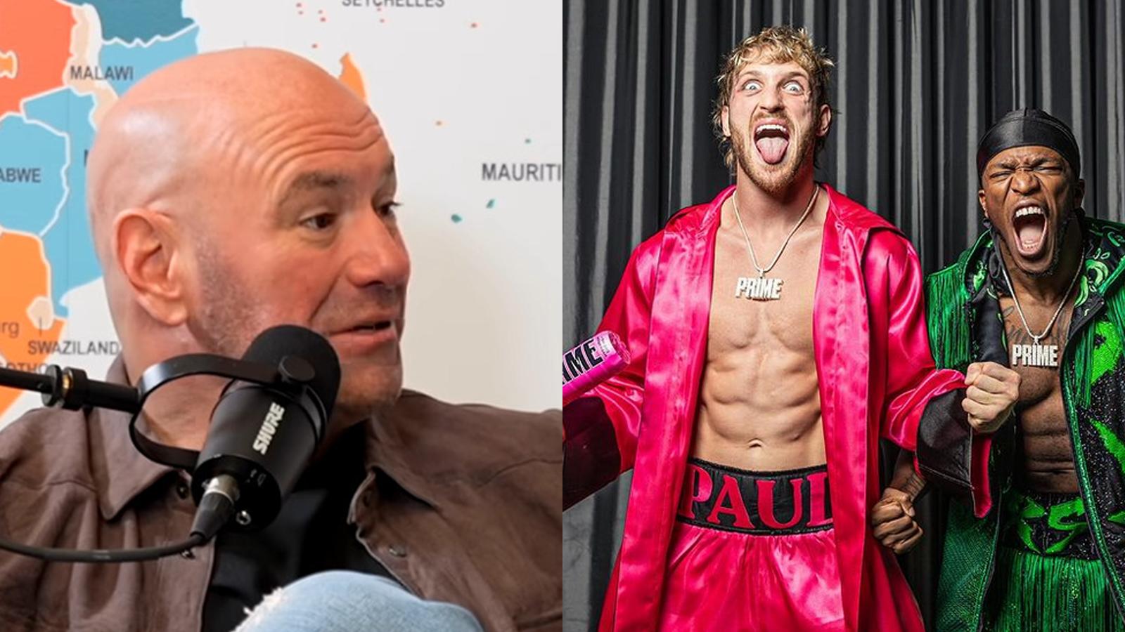 Dana White next to KSI and Logan Paul in fight outfits