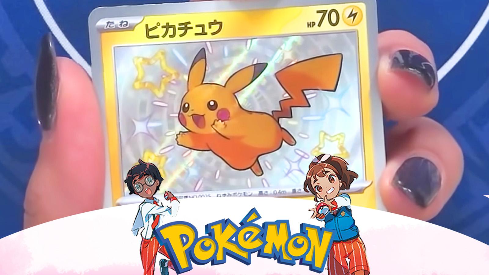 Paldean Students, a Pokemon logo and a Pikachu from shiny treasures ex