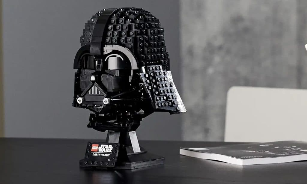 LEGO Star Wars Darth Vader Helmet displayed on a shelf.