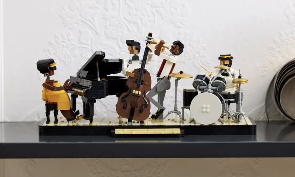 LEGO IDEAS Jazz Quartet displayed on a shelf.