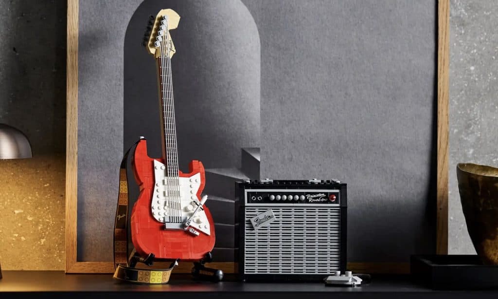 LEGO Ideas Fender Stratocaster in red.