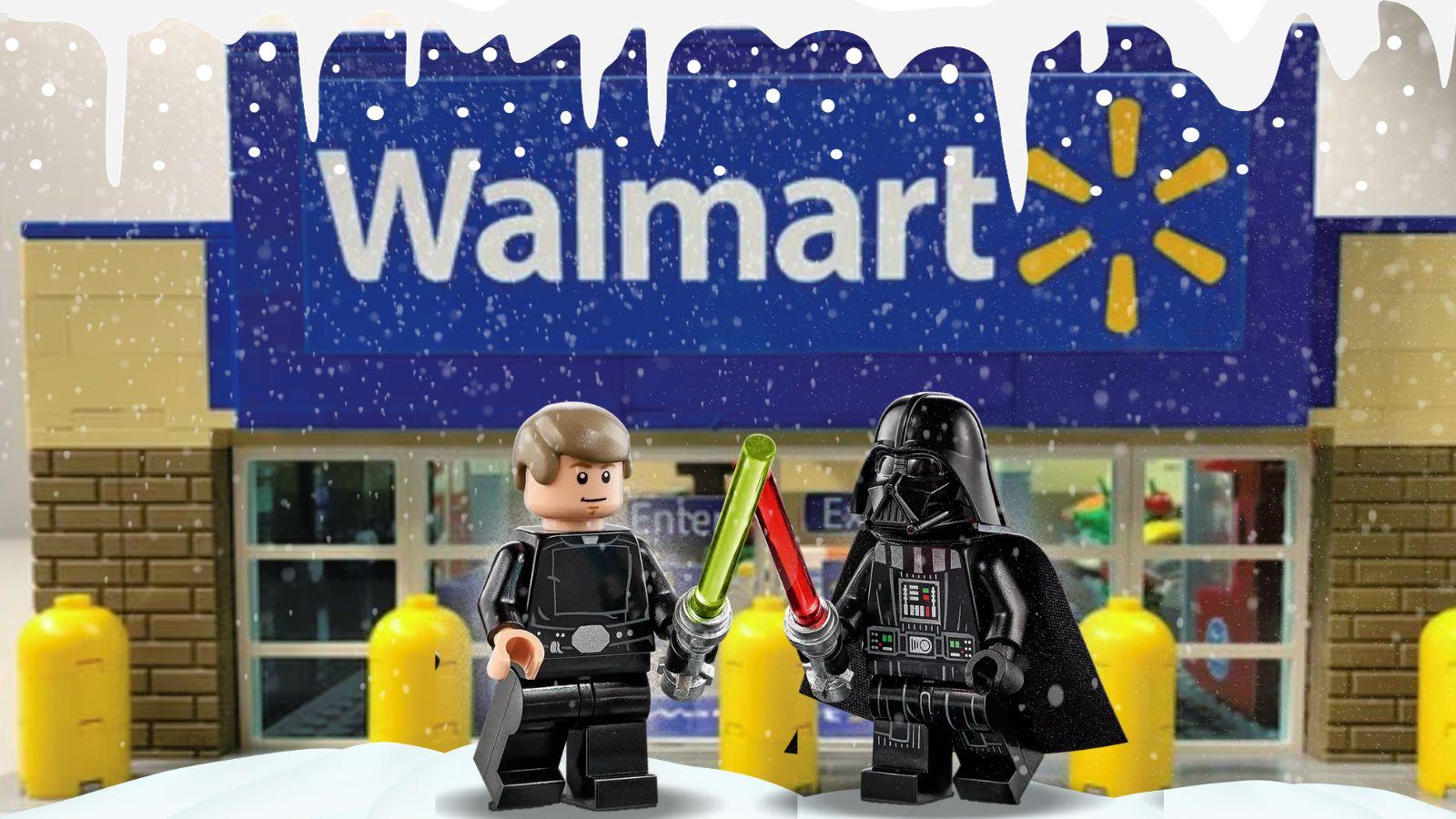 Luke Skywalker and Darth Vader LEGO minifigures in front of Walmart.