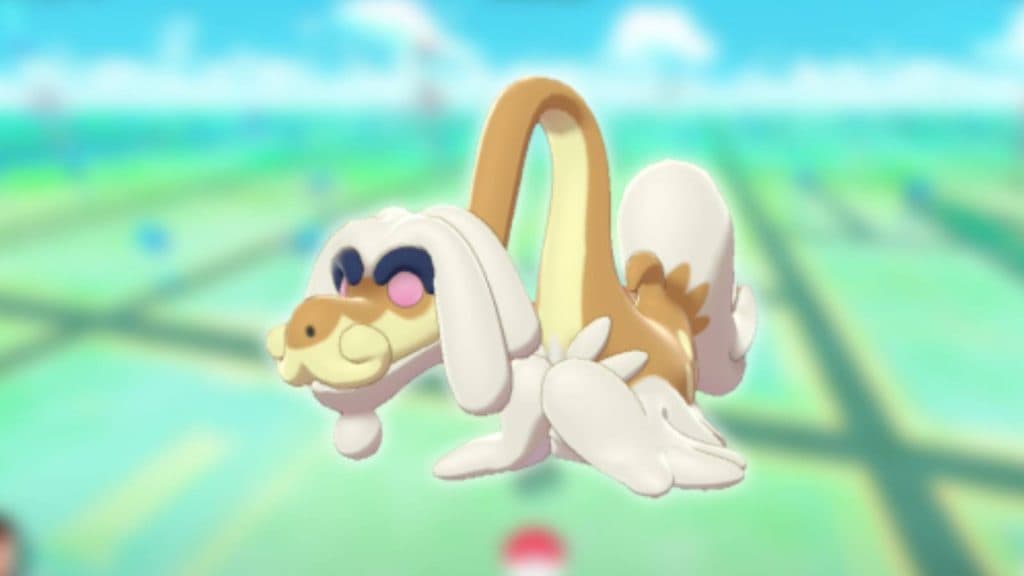 A shiny version of the dragon type Pokemon Drampa appears against a blurred background