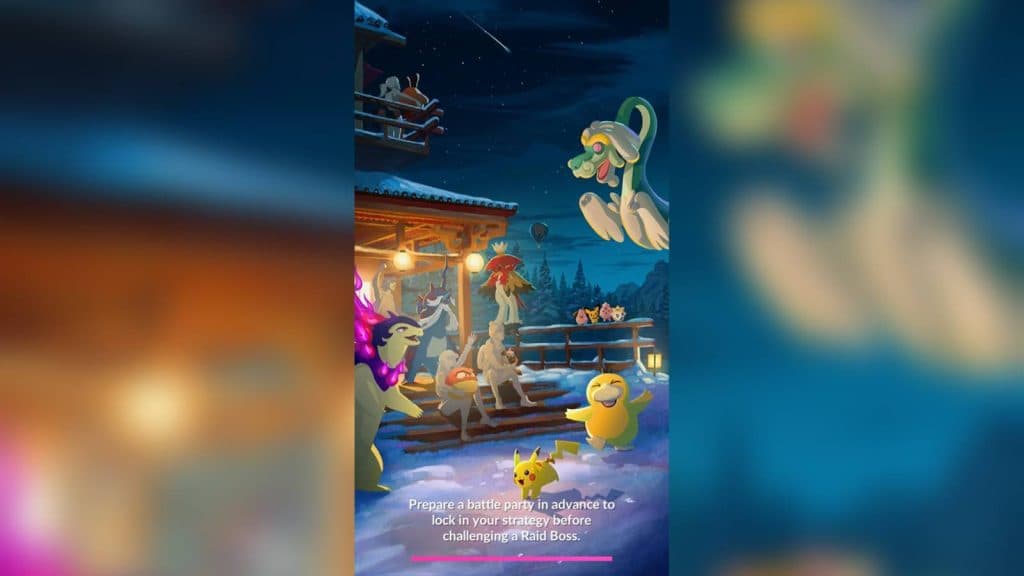 A Pokemon Go loading screen shows several Pokemon gathered in the snow, including Psyduck, Drampa, and Hisuian Typhlosion