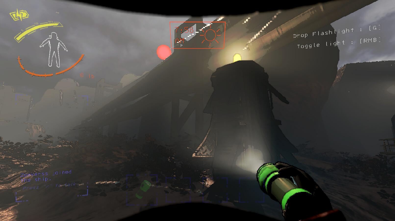 An image of a player using a flashlight in Lethal Company.