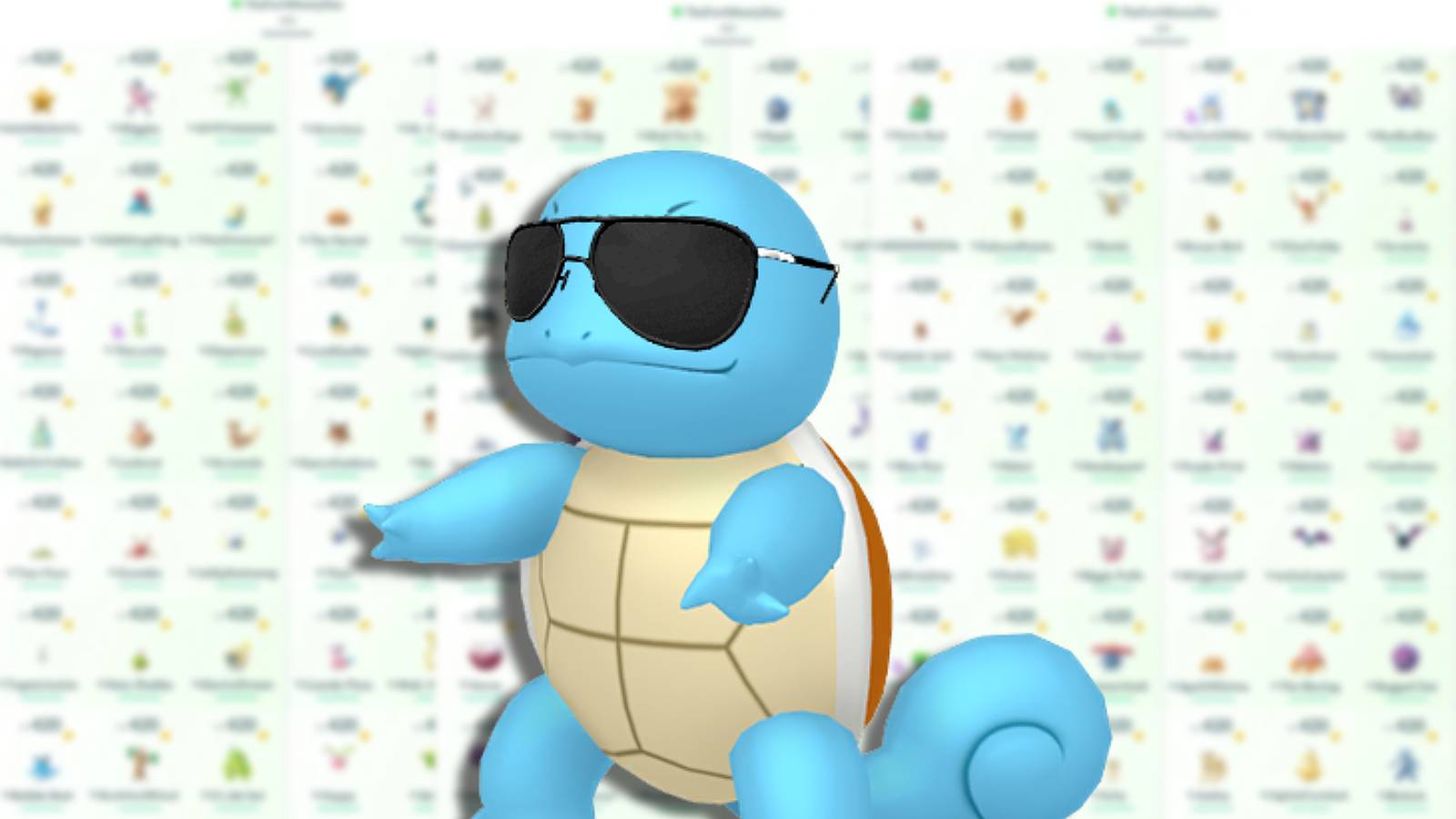 A Squirtle with sunglasses appears against a vast collection of Pokemon