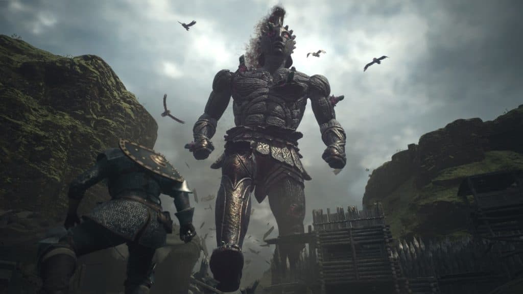 An image from Dragon's Dogma 2 featuring the player following a giant enemy.