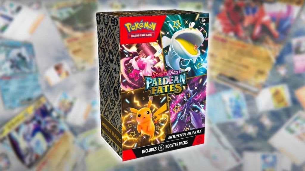 The Pokemon TCG Paldean Fates Booster Box is visible against a blurred background