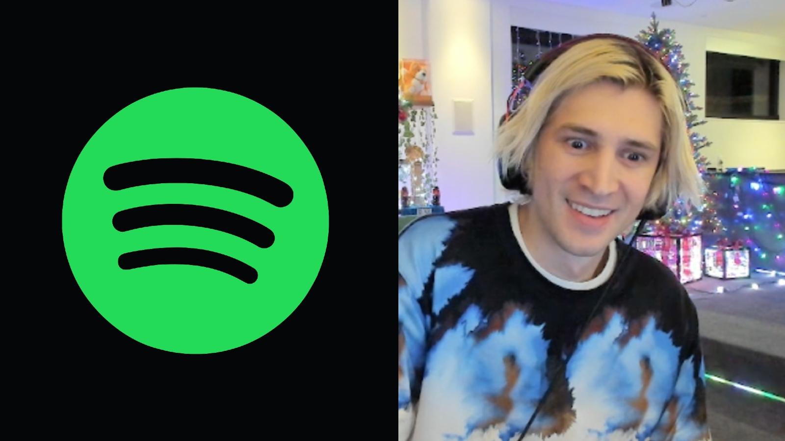 side by side image of the Spotify logo with xQc looking shocked on stream
