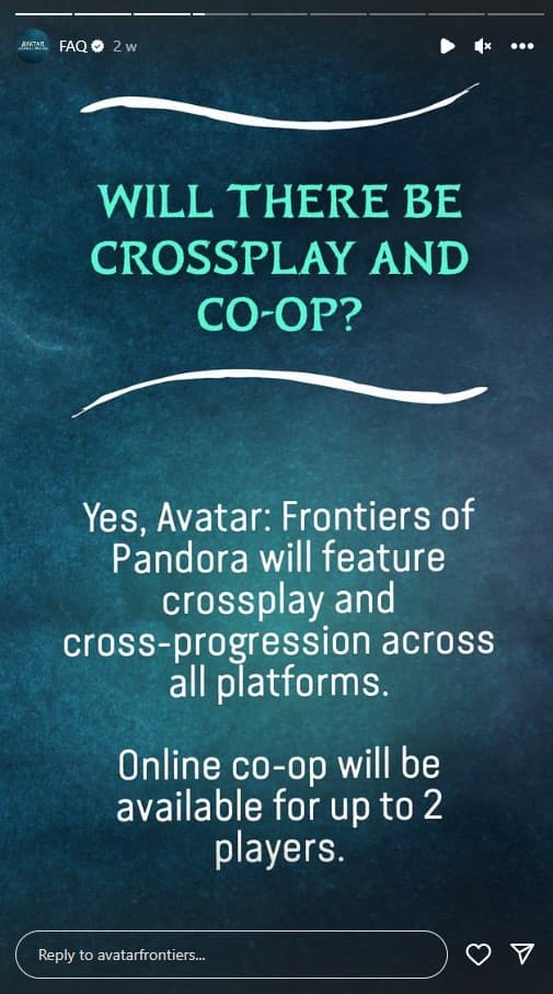 An instagram post confirming Avatar: Frontiers of Pandora has crossplay and cross-progression