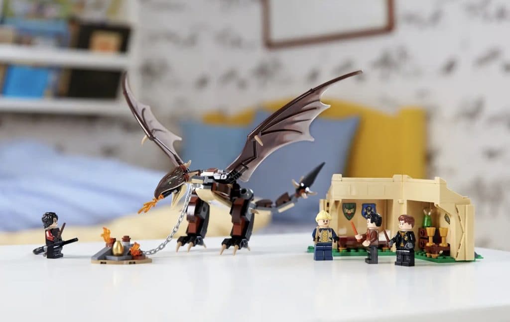 LEGO Harry Potter gets ready to challenge the LEGO Hungarian Horntail.