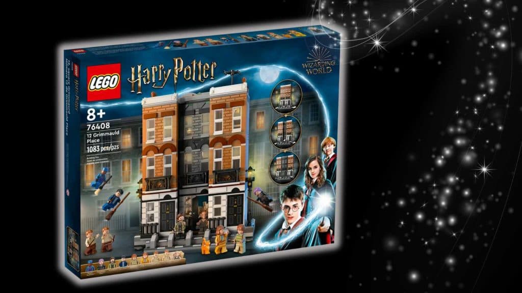 LEGO Harry Potter 12 Grimmauld Place on a black background with some magical graphics.