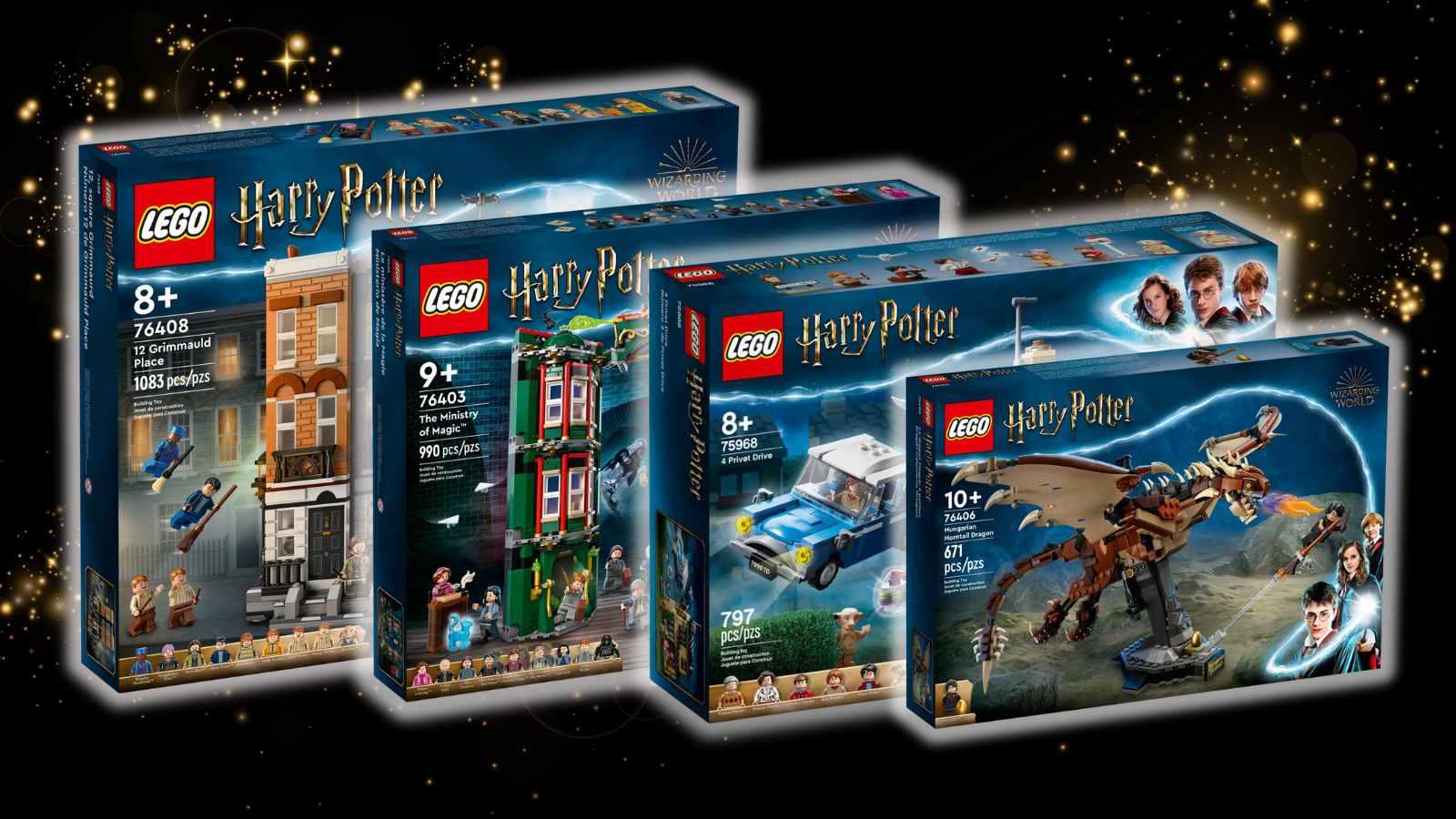 Four of the retiring LEGO Harry Potter sets on a black background with some magical graphics.