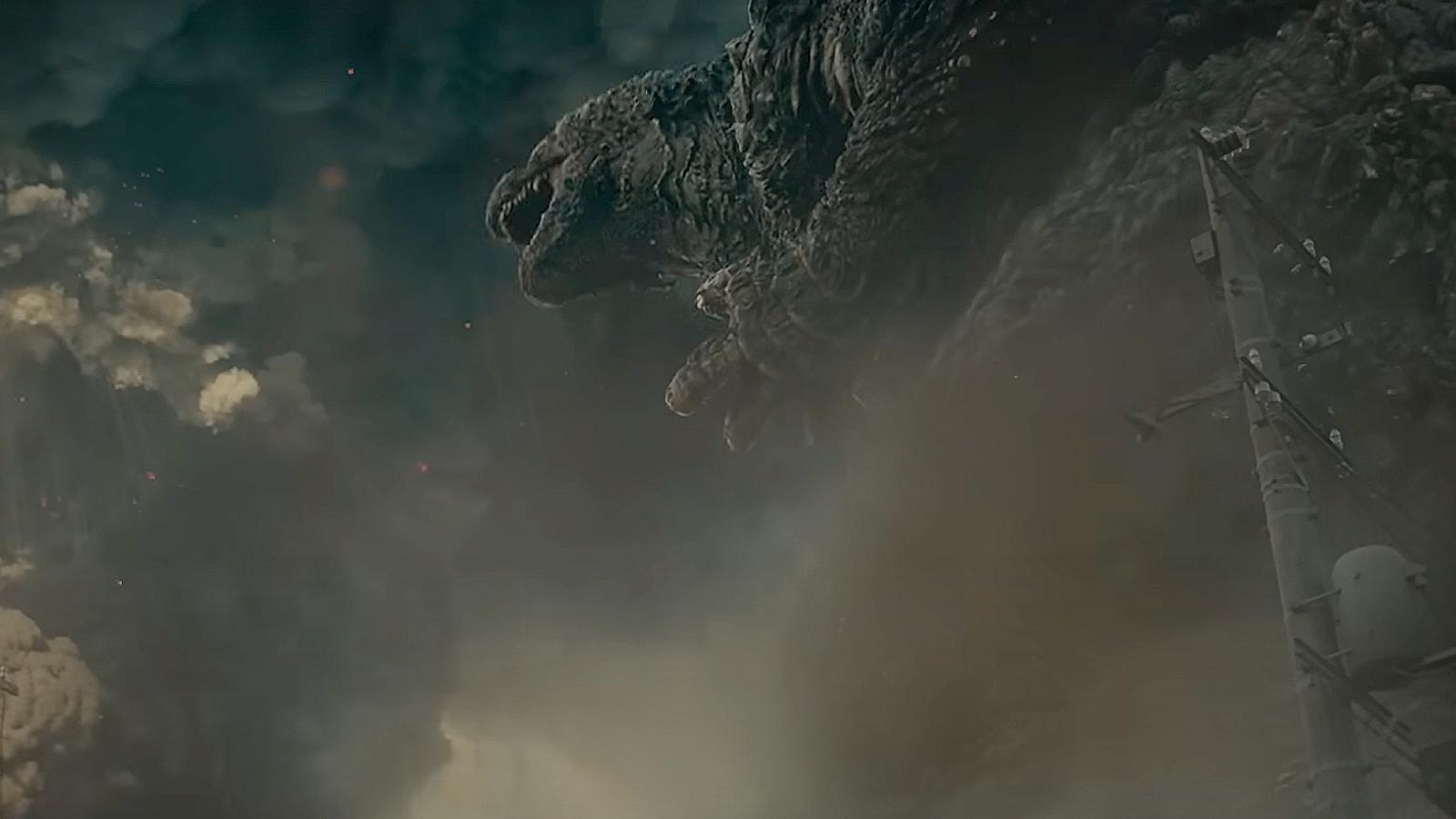 Godzilla roaring at an atomic cloud in Godzilla Minus One