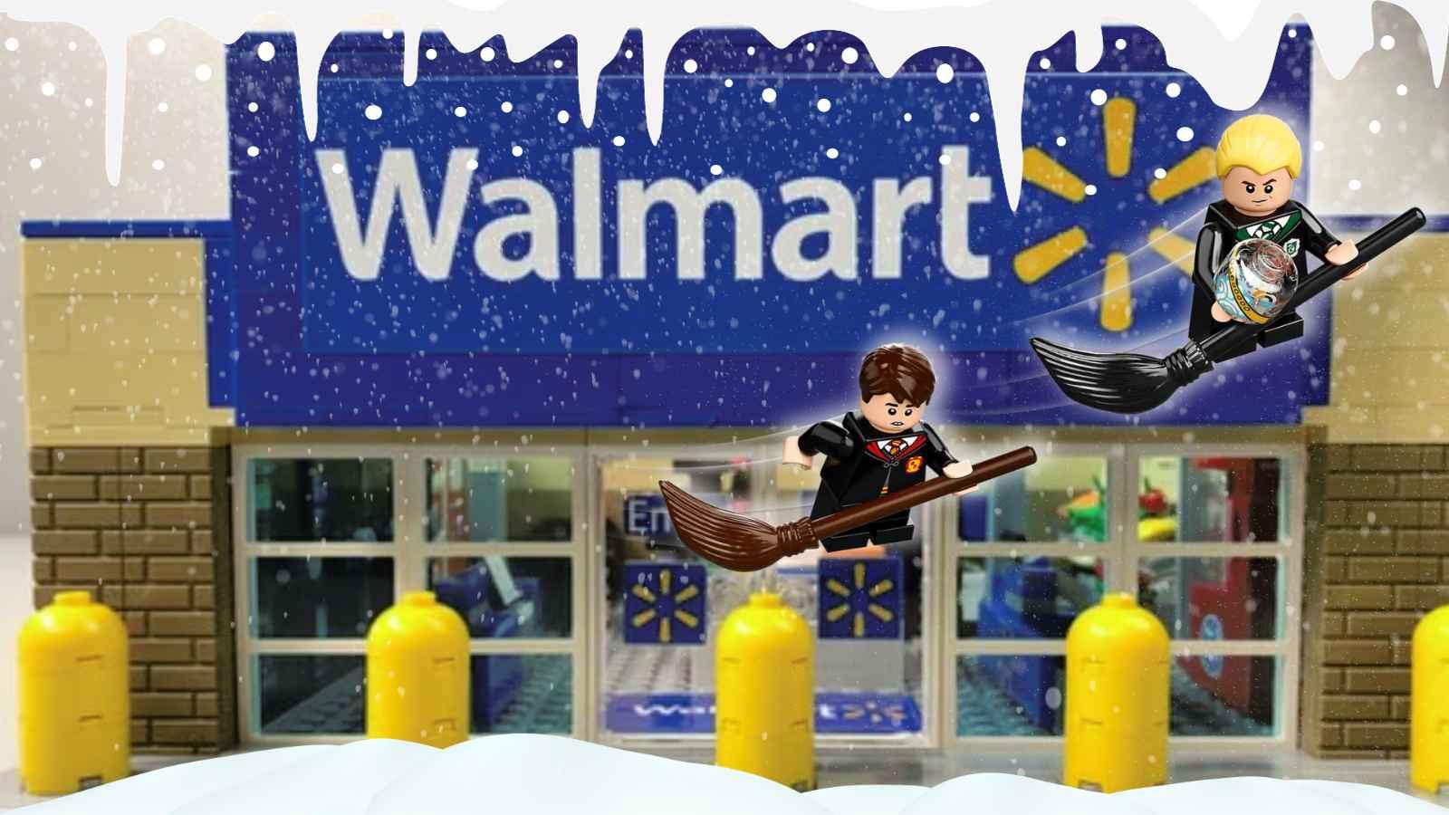 LEGO Harry Potter chasing Draco Malfoy on his broom in front of a Walmart store.