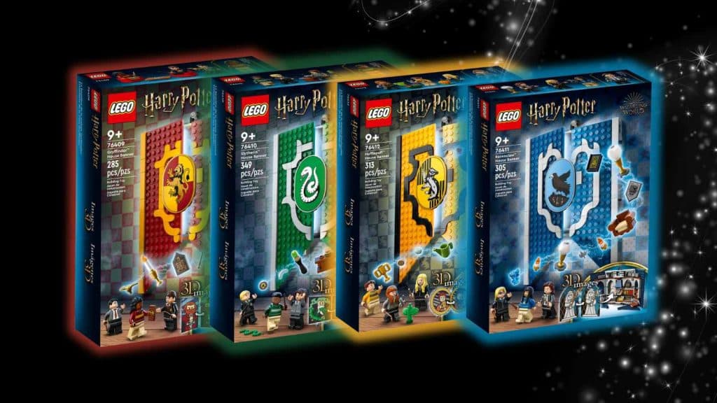 LEGO Harry Potter House Banners on black background with some magical graphics.
