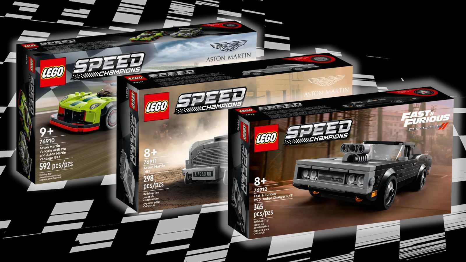 Retiring LEGO Speed Champions sets on a black background with a racing flag.