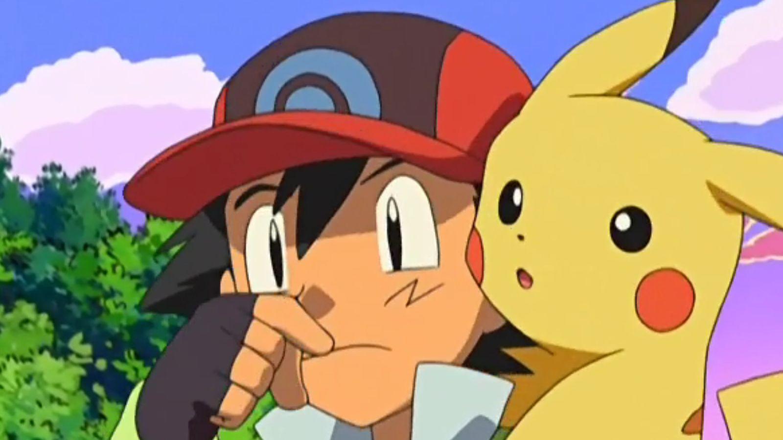 Pokemon trainer Ash Ketchum pinches his nose with Pikachu on his shoulder
