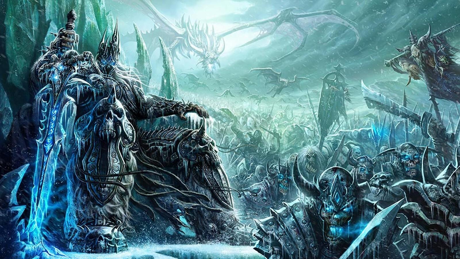 The Lich King before his horde of Death Knights in WoW