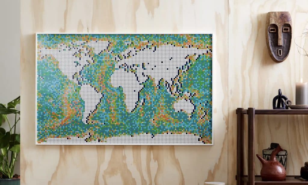 LEGO Art World Map displayed against a wall.