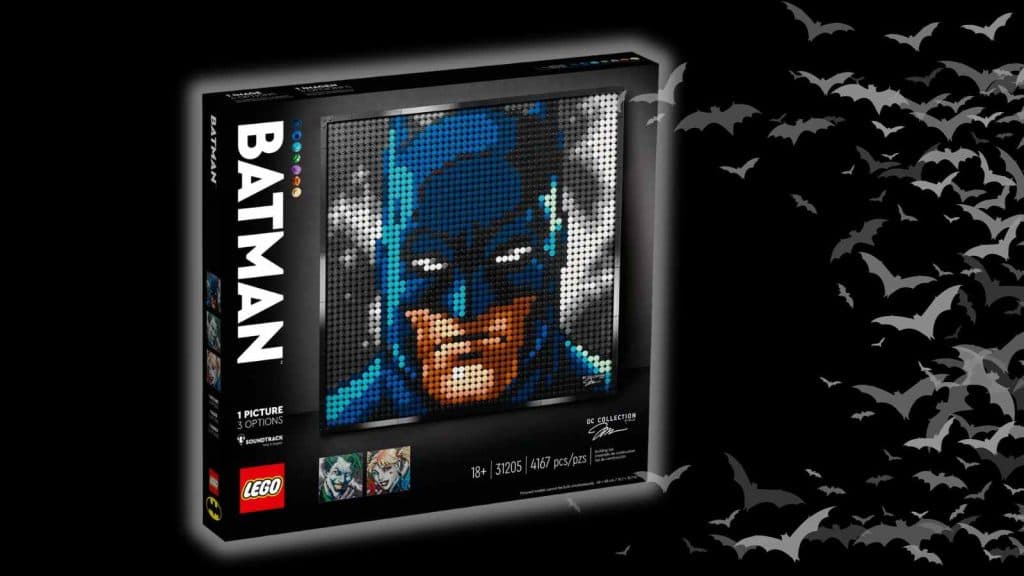 Jim Lee Batman Collection-inspired LEGO portrait set on a black background with bat graphics.