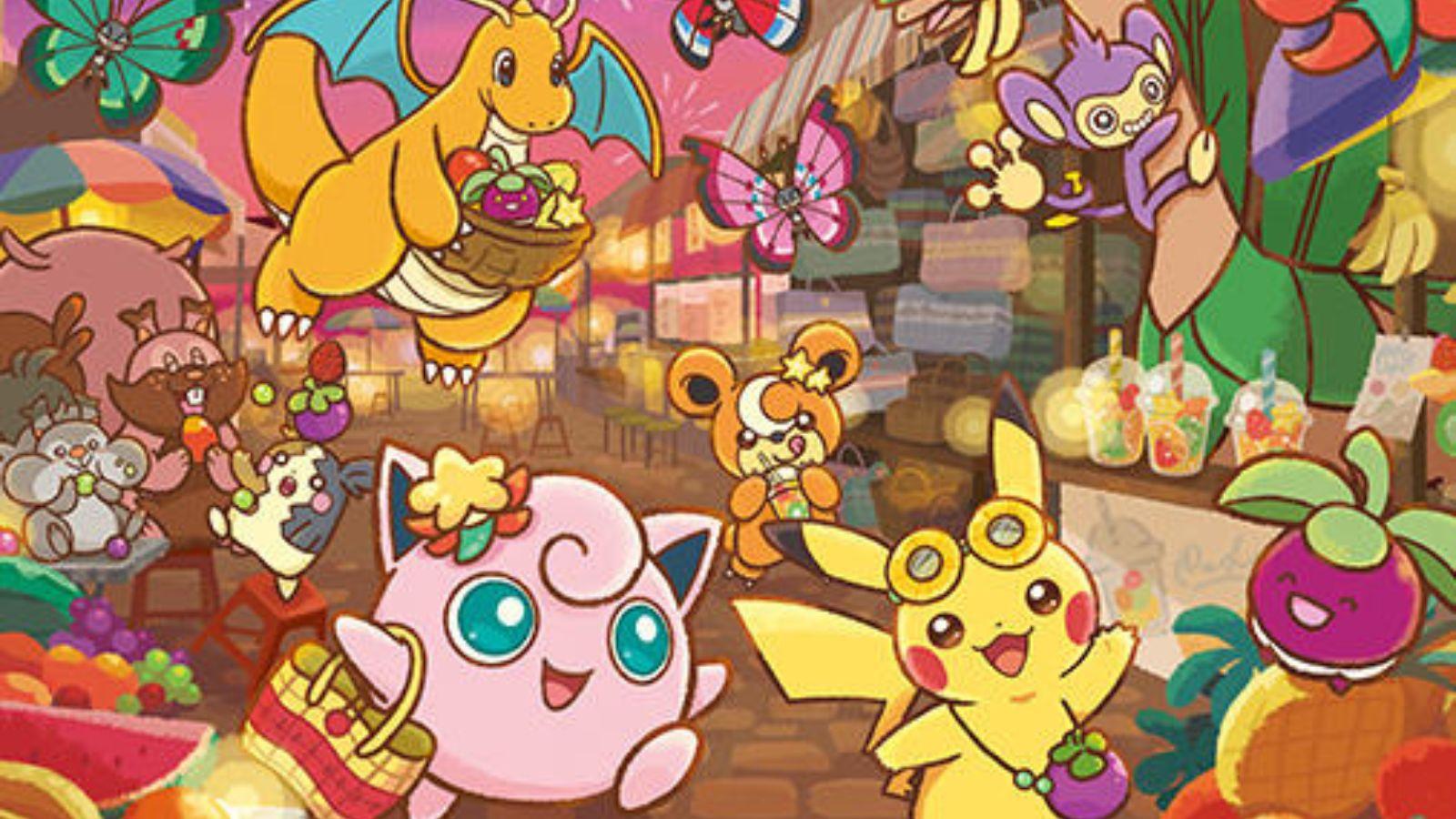 Pikachu with Mulberry bag promotional event banner with photos of Jigglypuff, Pikachu, Dragonite and friends playing in a decorative street.