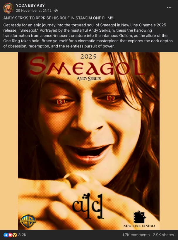 The fake poster for Andy Serkis' Smeagol movie