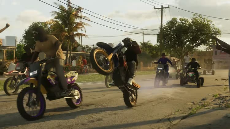 An image from the GTA 6 trailer featuring people riding motorbikes.
