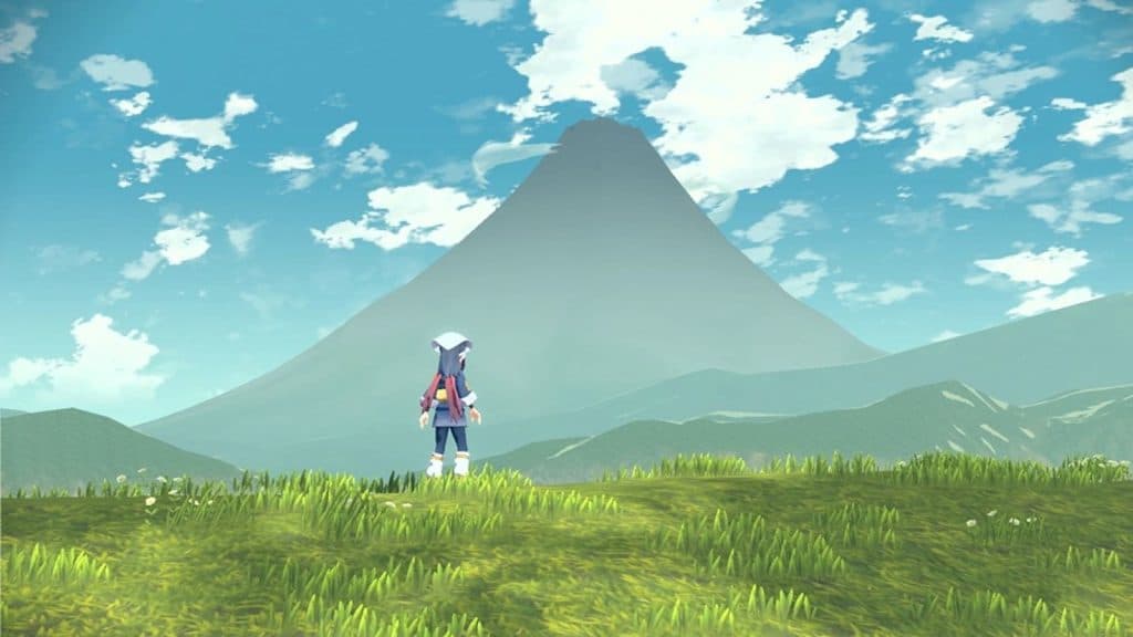 Mountain from Pokemon Legends: Arceus with female trainer Akari in foreground.