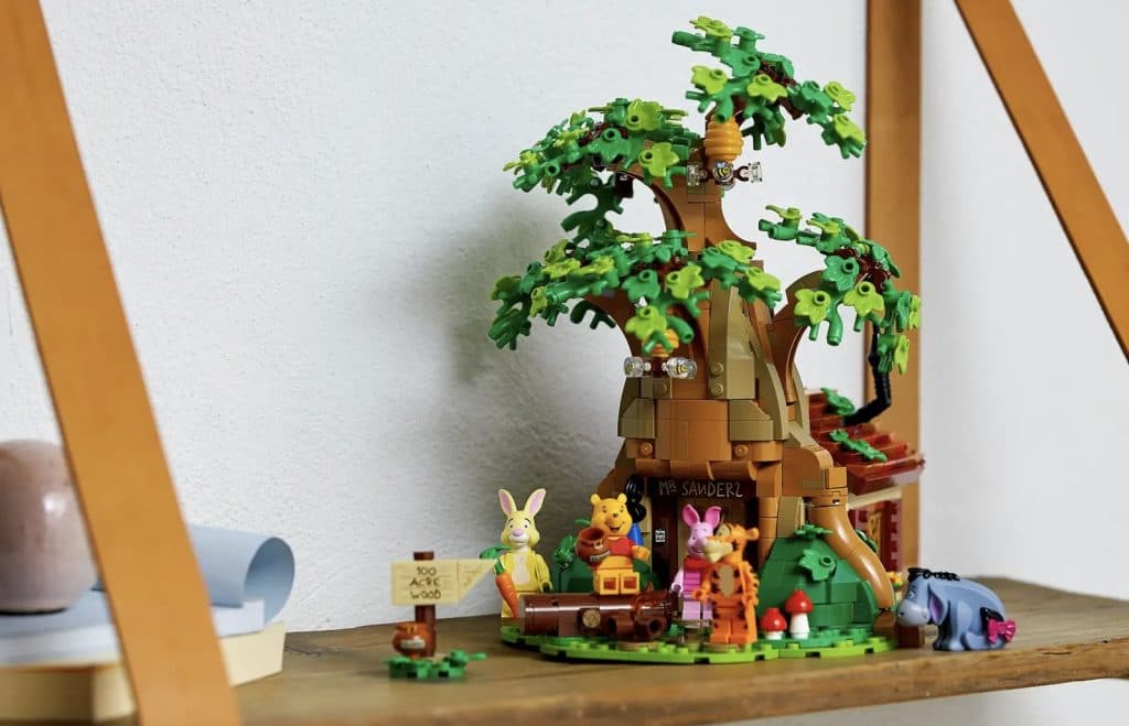 LEGO Ideas Winnie the Pooh set displayed on a shelf.