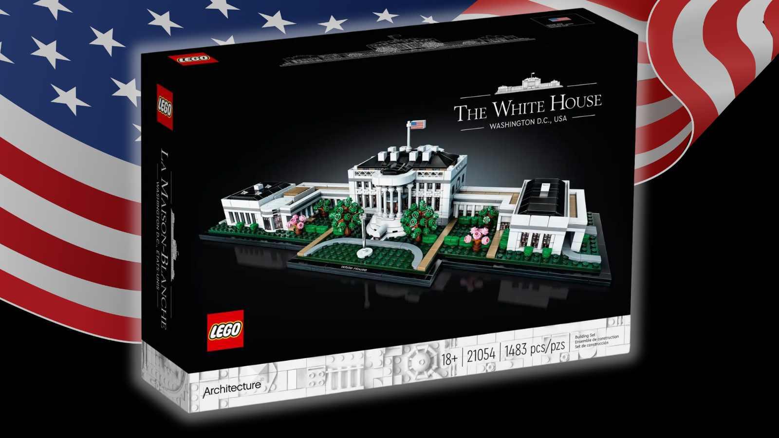 The LEGO Architecture The White House set box on a black background with the American flag.