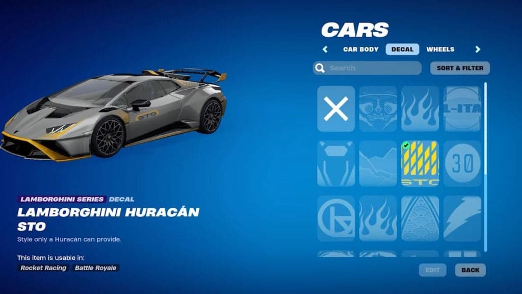 Fortnite Lamborghini Huracan STO car body in Chapter 5