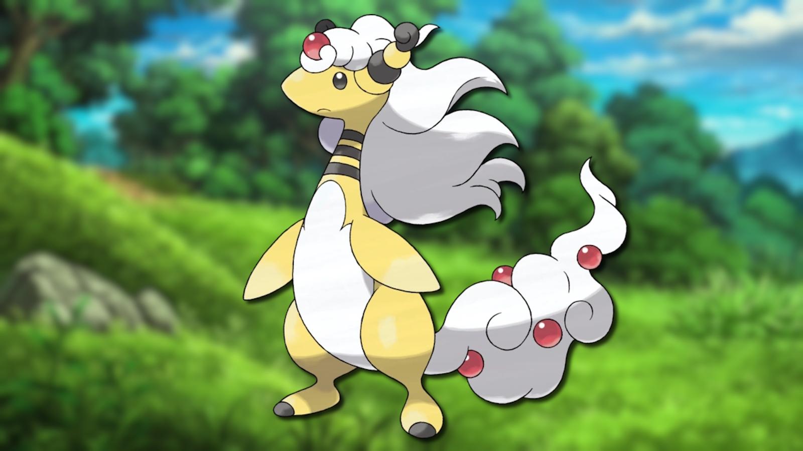 Mega Ampharos standing in front of field from Pokemon anime.