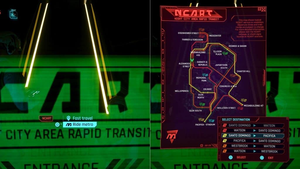 NCART gate and metro stops map in Cyberpunk 2077