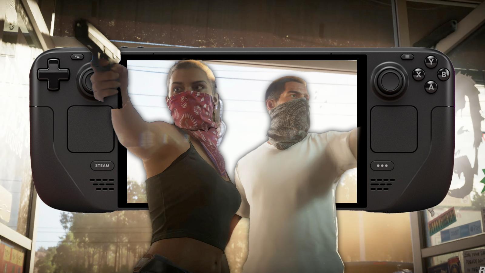 GTA 6 screenshot of two characters with guns with a steam deck oled overlayed