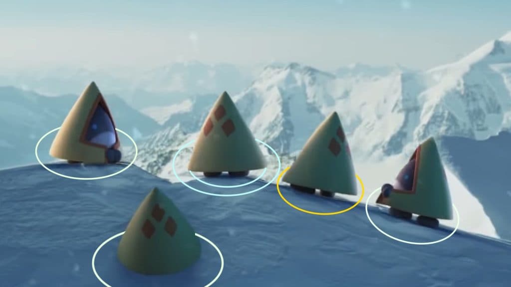 Snorunt on icy mountain with different Pokemon Go rings around them.