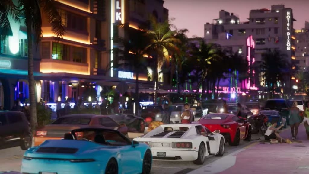 An image from the GTA 6 trailer featuring traffic in a street.