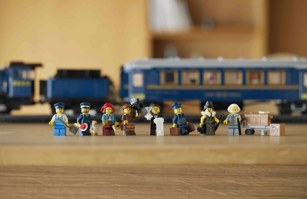 The eight minifigures included with the The Orient Express-inspired LEGO Ideas set.